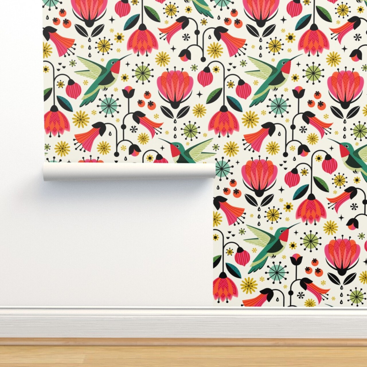 Hummingbird Vintage Flowers Floral Retro Mod Mid Century Scandi Red Yellow Green Custom Removable Wallpaper by Spoonflower Peel & Stick Wallpaper 2FT Wide